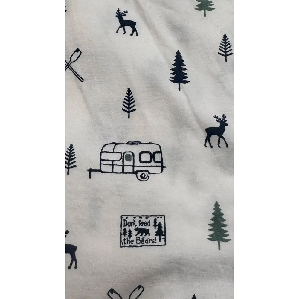 Eddie Bauer Flat Sheet Twin Winter Cabin Deer Camping Print White